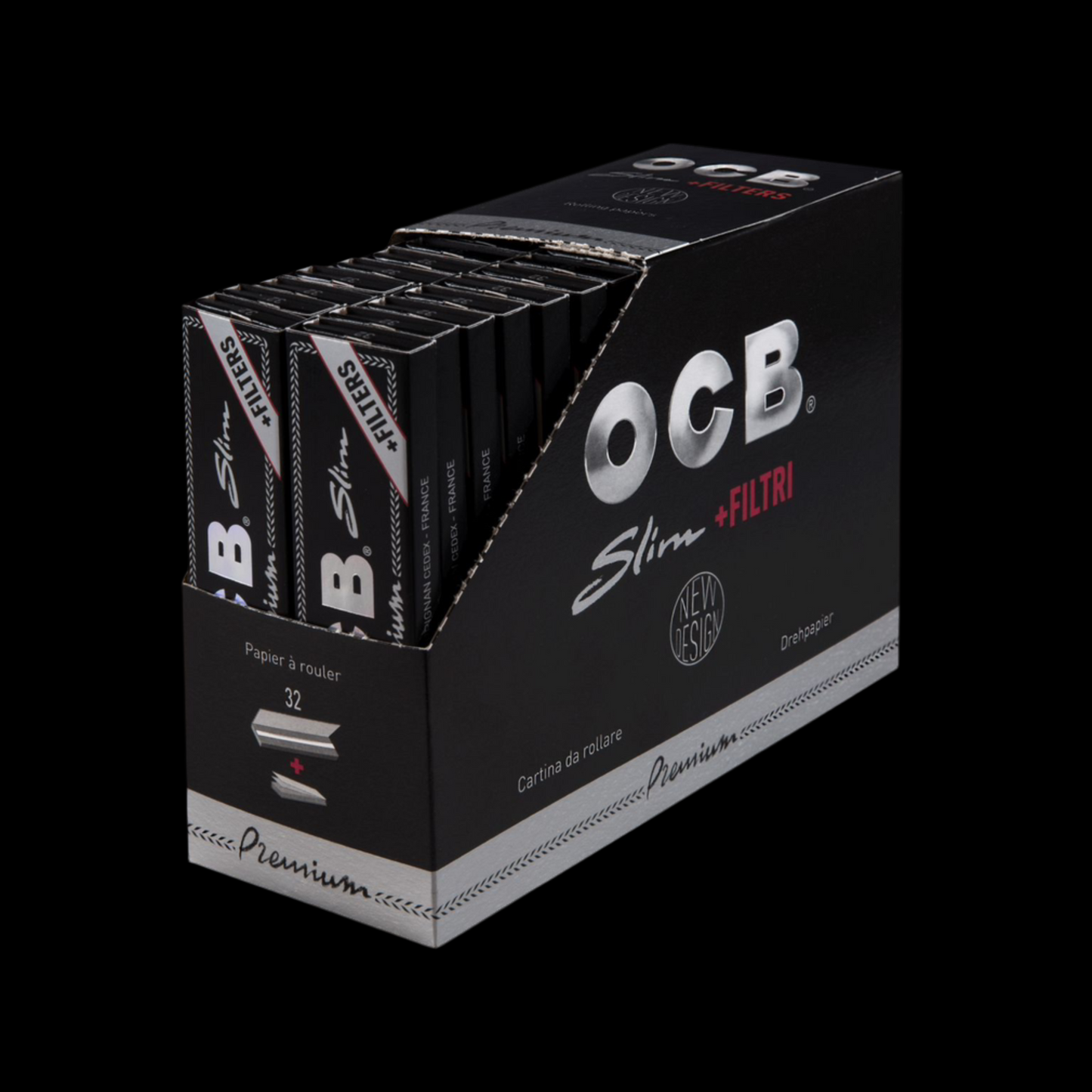 OCB Schwarz Premium Long Slim | 32 Heftchen mit 32 Tips | Long Papers Blättchen