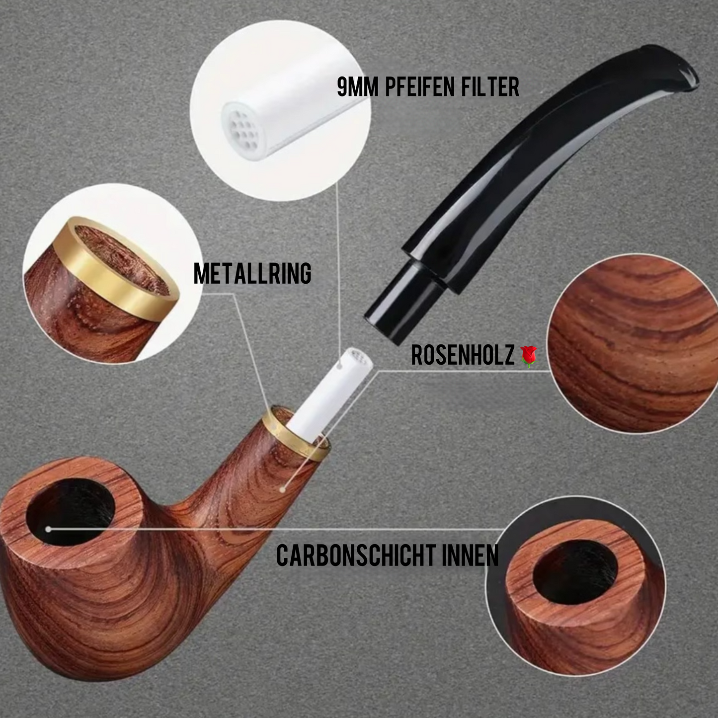 Premium Pfeifenset mit 12 Teiliger Zubehör | Tabak Pfeife Set aus Rosenholz