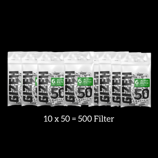 GIZEH Black Active Filter 10 x 50 Aktivkohle 6mm | 1 Karton = 500 Drehfilter
