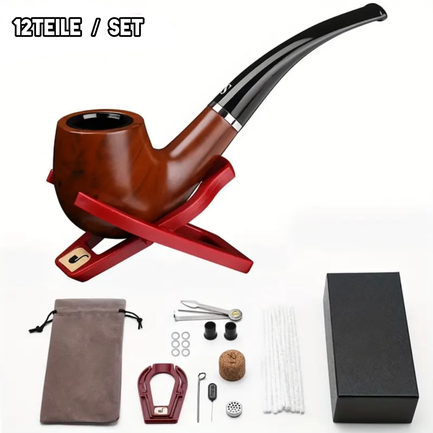 Premium Pfeifenset mit 12 Teiliger Zubehör | Tabak Pfeife Set aus Rosenholz